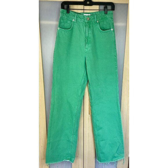 Zara Jeans Womens Sz 6 Green High Rise Wide Leg Frayed Grunge Hipster 28x32 - Picture 2 of 8